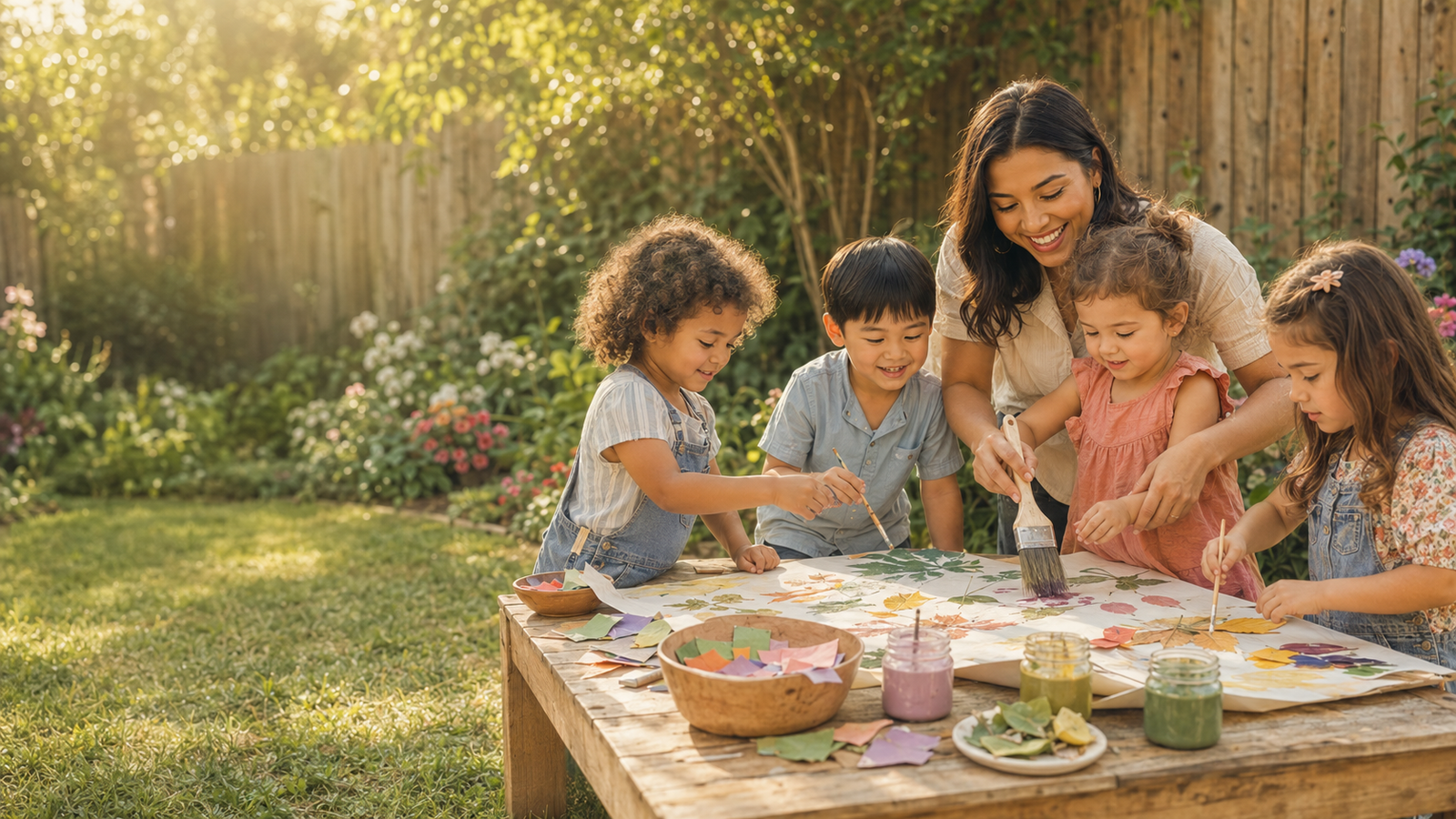 mother and children painting outside