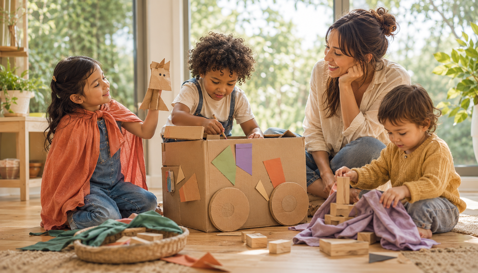 woman and children creating with boxes and cardboard