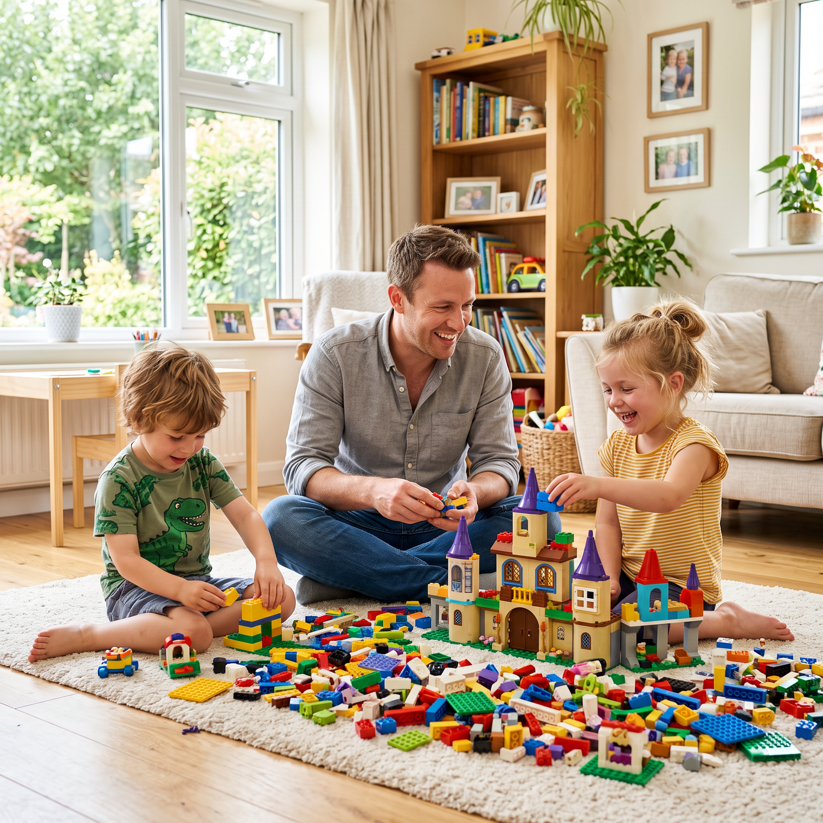 father and children playing indoors