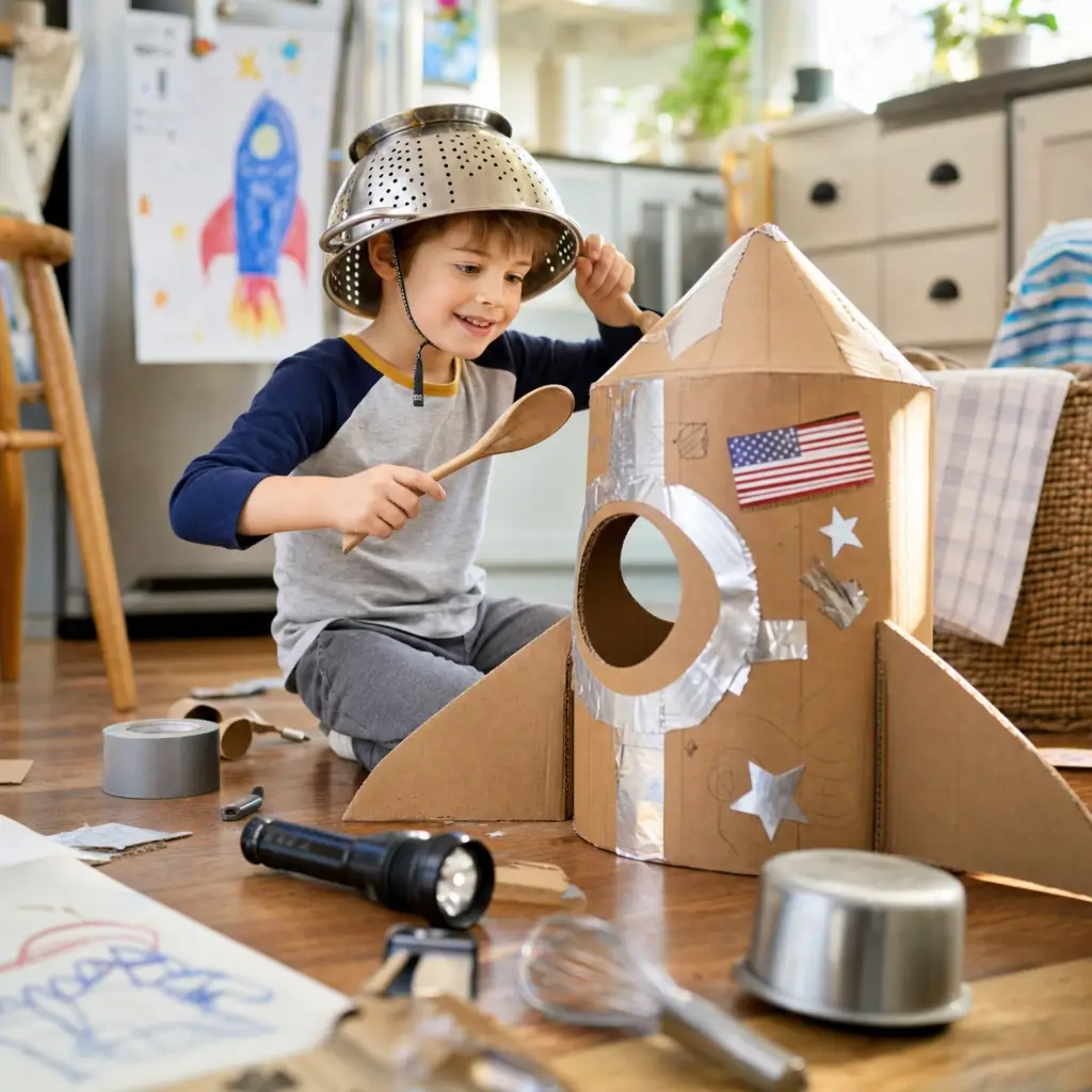 young boy playng in kitchen