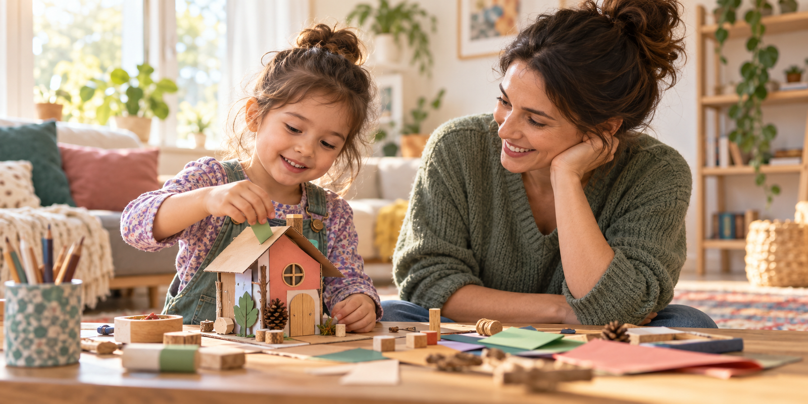 Parent watching and encouraging a young child building a model house.